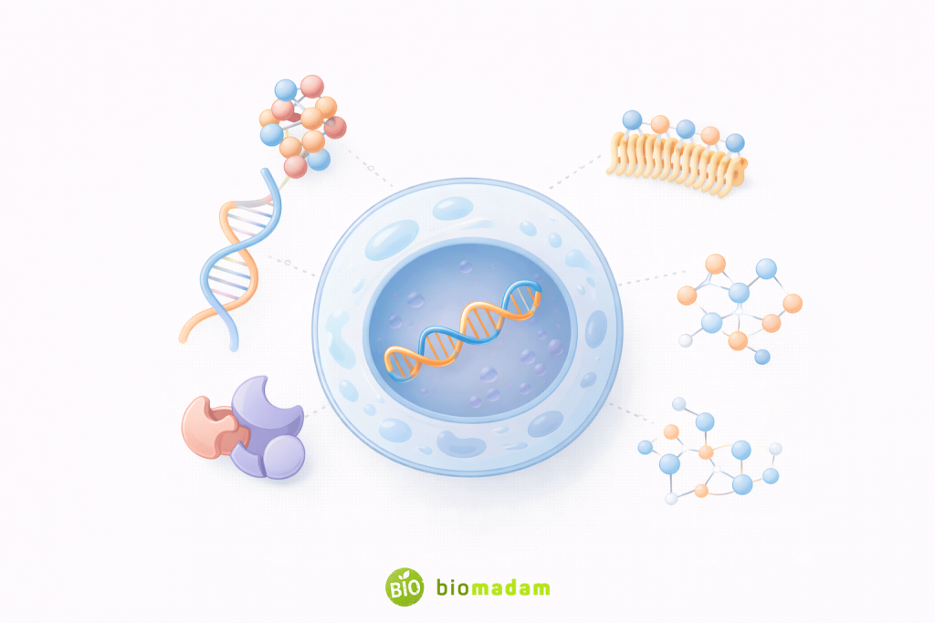 What biochemistry studies including proteins, enzymes, DNA, lipids, and carbohydrates inside a cell