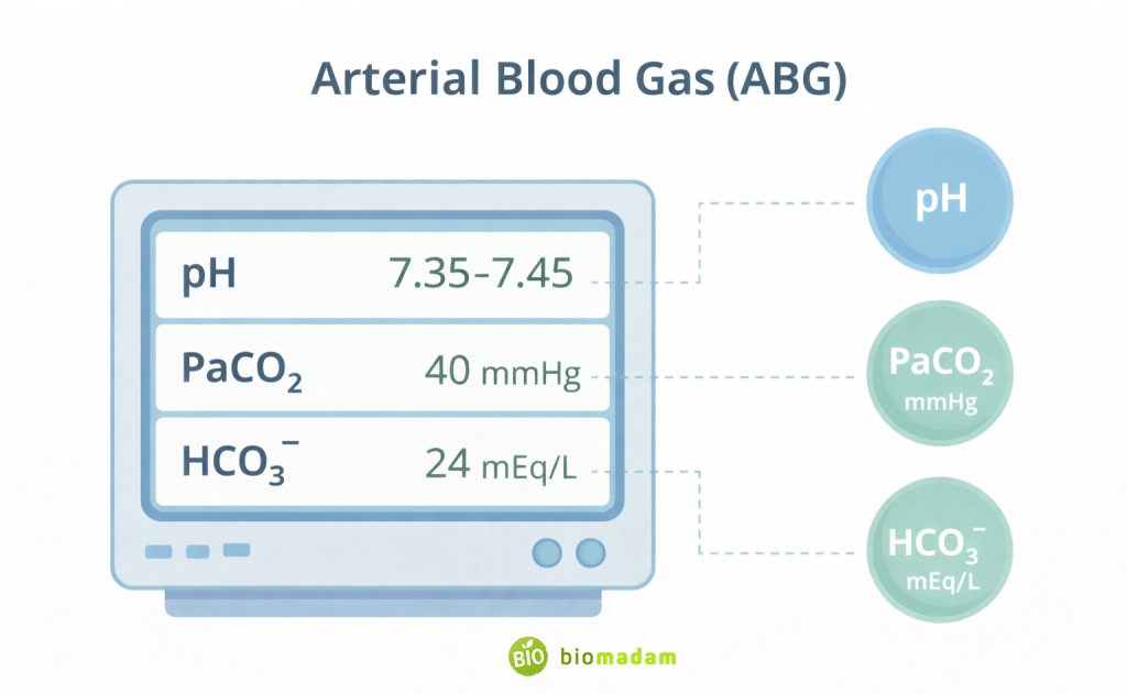 Medical monitor displaying arterial blood gas values labeled pH, PaCO₂, and HCO₃⁻ in an educational nursing diagram