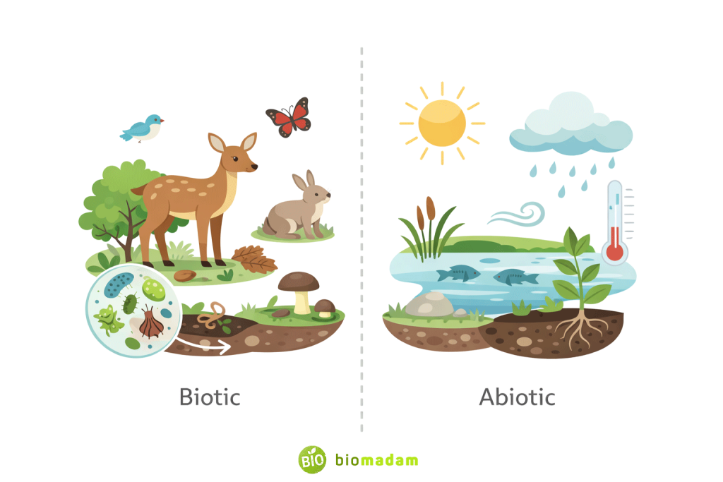 Comparative illustration of biotic and abiotic components of ecology