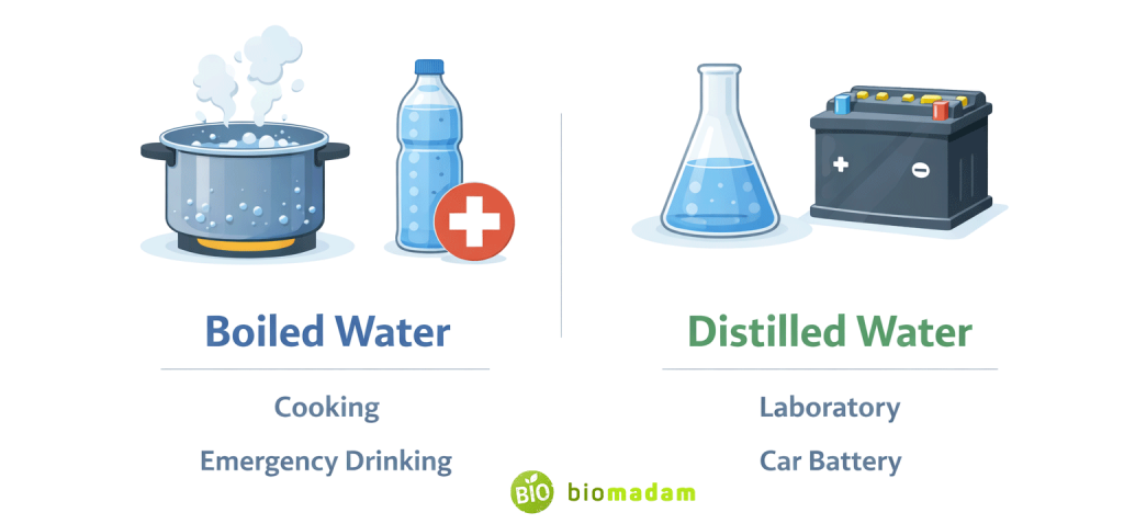 Illustration showing boiled water used for cooking and emergency drinking versus distilled water used in laboratory and car battery