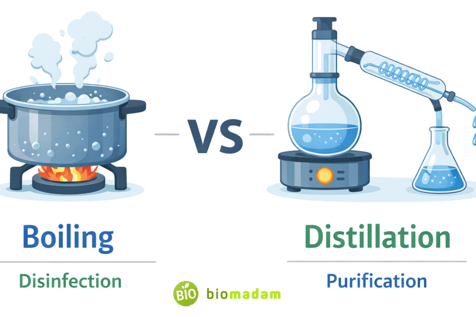 Infographic comparing boiling and distillation showing boiling pot for disinfection and distillation apparatus for purification