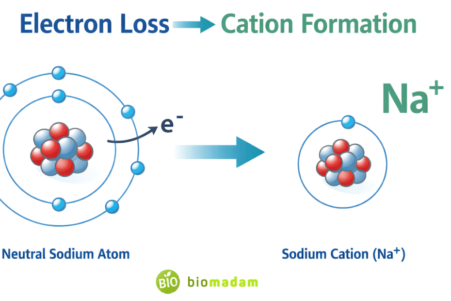 Diagram showing neutral sodium atom losing one electron to form Na⁺ cation