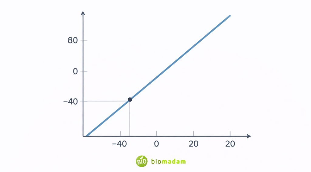 Graph showing linear relationship between Celsius and Fahrenheit scales intersecting at minus 40 degrees