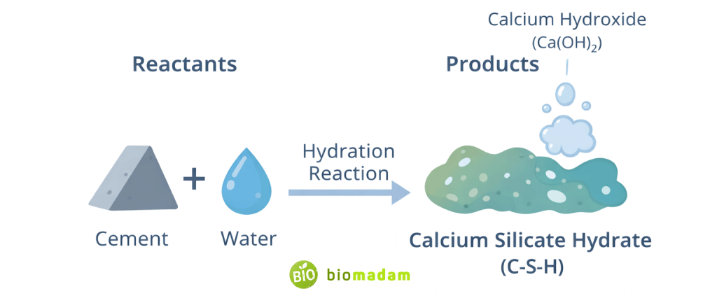 Scientific diagram showing cement hydration reaction forming calcium silicate hydrate (C-S-H) in concrete