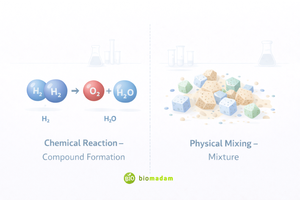 Side-by-side diagram showing hydrogen and oxygen reacting to form water compared with salt and sand physically mixed