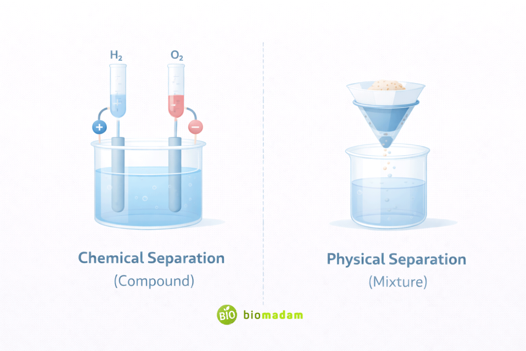 Diagram comparing electrolysis separating water into hydrogen and oxygen and filtration separating sand from water