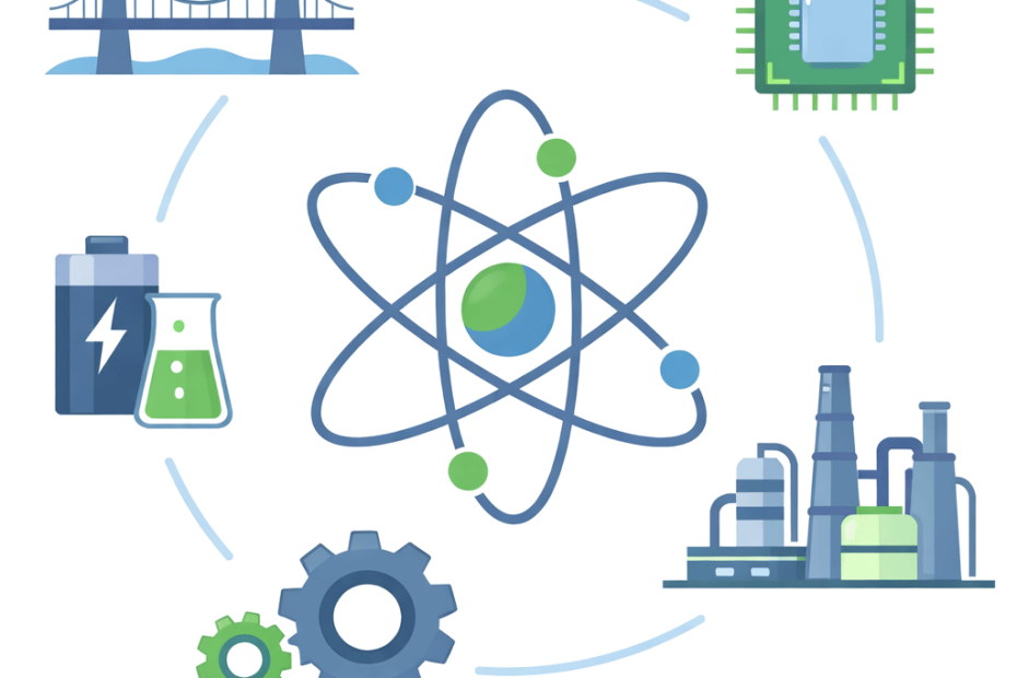 Infographic showing chemistry applications across engineering fields including bridge, battery, gear, refinery, microchip, and atom symbol
