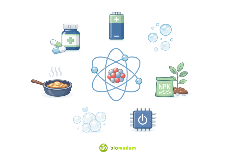 Infographic showing daily life applications of chemistry including medicine, cooking, battery, plant fertilizer, soap bubbles, and microchip around atom symbol