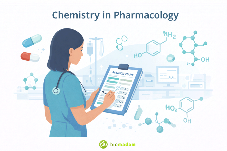Nurse reviewing medication chart surrounded by molecular structures and pill icons illustrating chemistry in pharmacology
