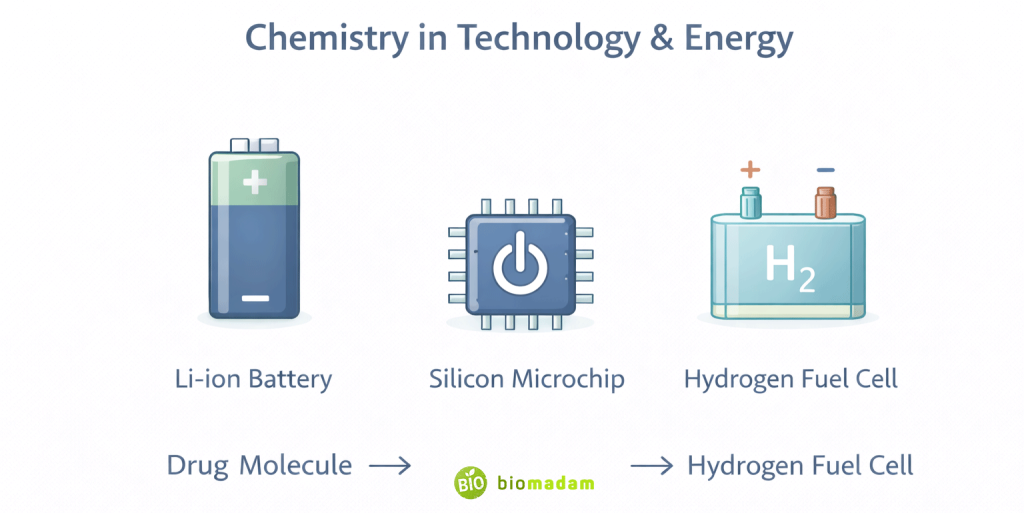 Flat vector diagram showing lithium-ion battery, silicon microchip, and hydrogen fuel cell labeled chemistry in technology and energy