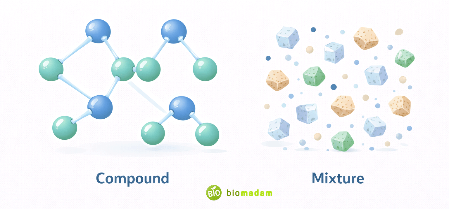Illustration comparing chemically bonded atoms forming a compound and randomly mixed particles forming a mixture