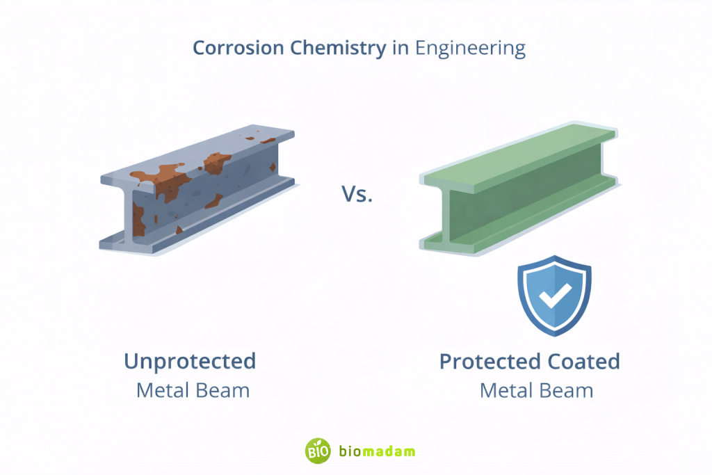 Comparison of corroded metal beam and protected coated beam illustrating corrosion chemistry in engineering