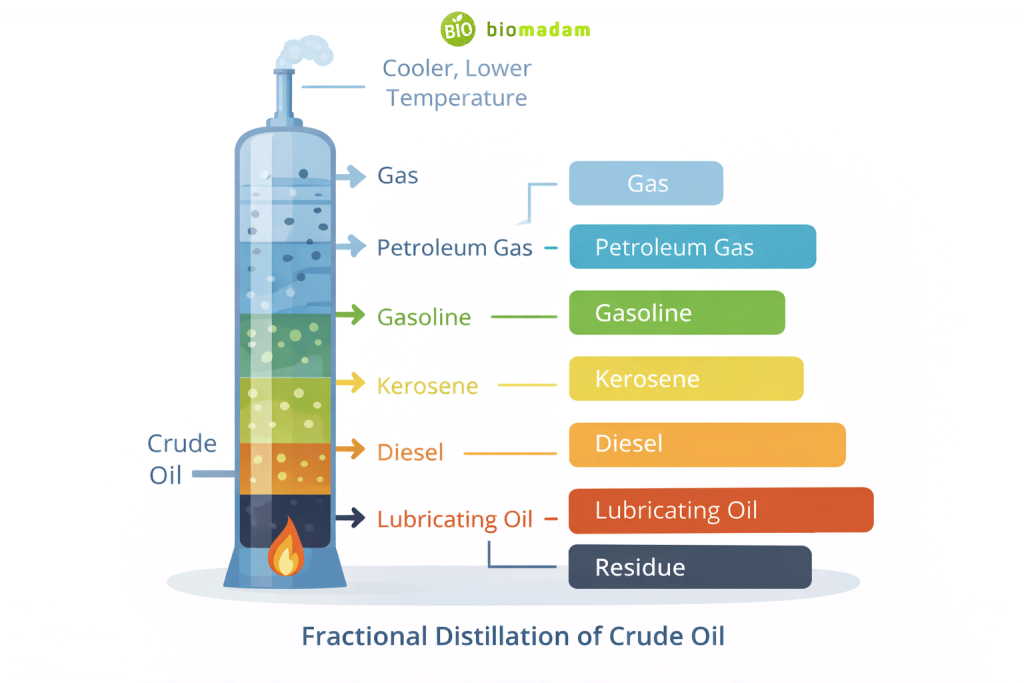 Diagram of crude oil fractional distillation column with separated fuel layers labeled