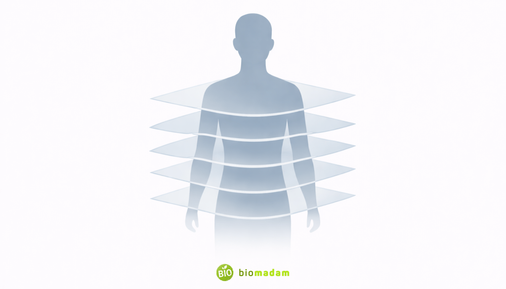 Illustration of human torso with multiple horizontal cross-sectional slices stacked to represent CT imaging
