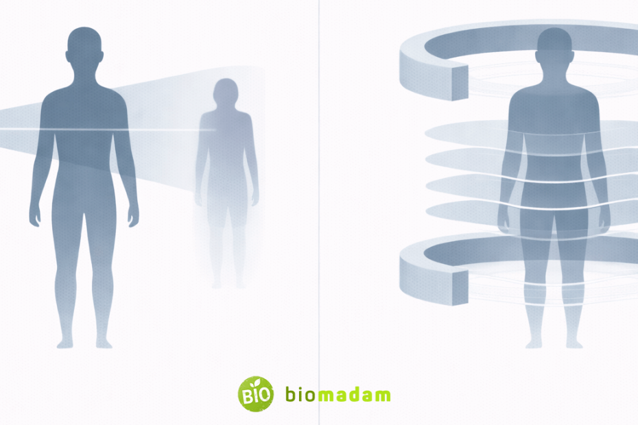 Minimal flat vector illustration comparing overlapping projection image versus separated cross-sectional slices in blue and gray academic style