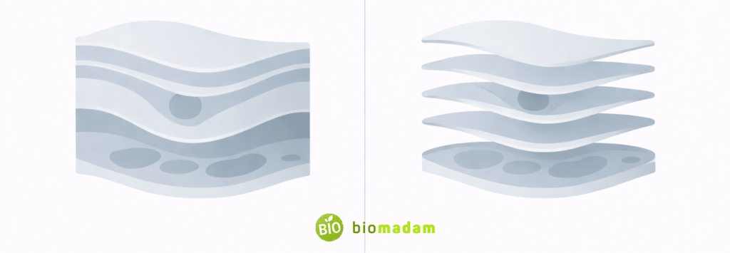 Scientific flat vector illustration showing single radiation beam passing through body versus multiple rotating beams forming slices, blue and gray style