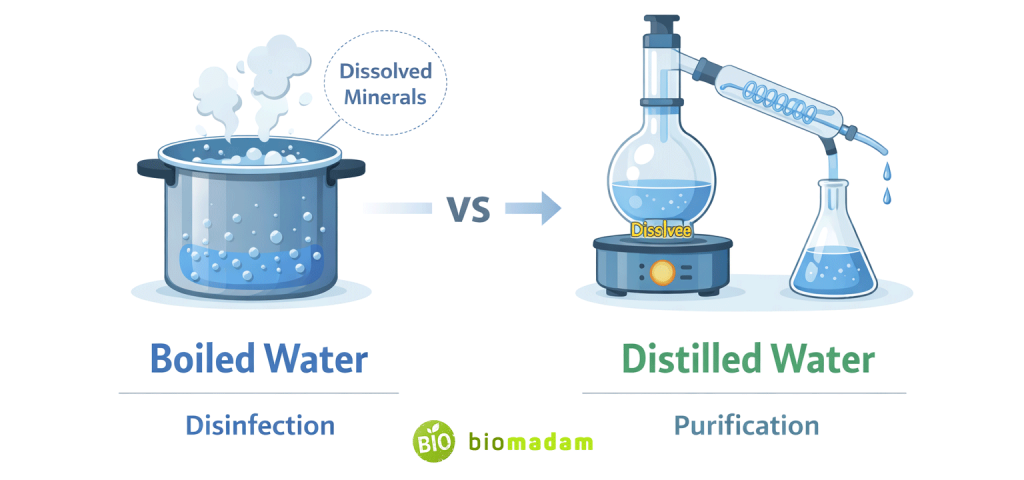 Diagram showing dissolved minerals remaining in boiled water versus separated steam condensation in distillation