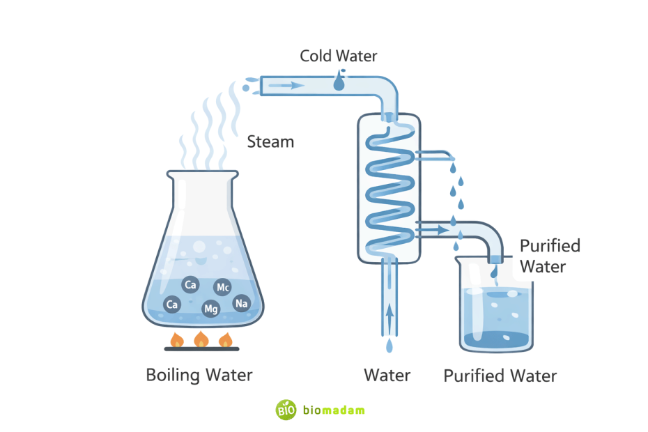 Diagram showing water distillation process with boiling, steam condensation, and mineral separation