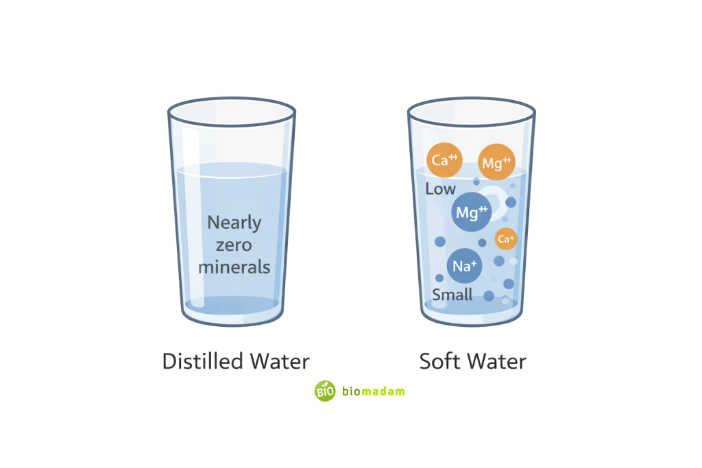 Visual comparison chart showing mineral levels in distilled water and soft water