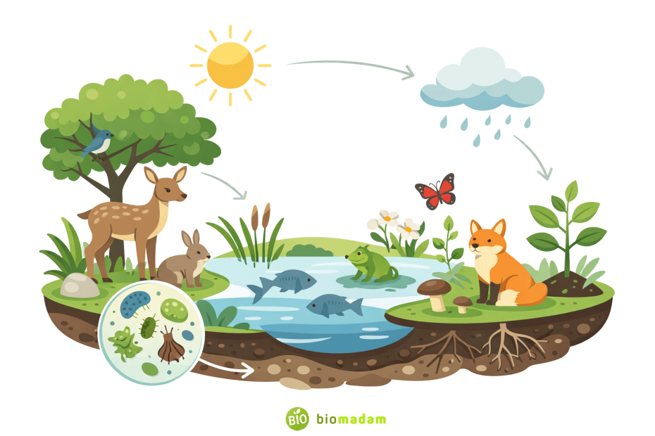 Educational illustration showing interactions between living organisms and their physical environment in an ecosystem