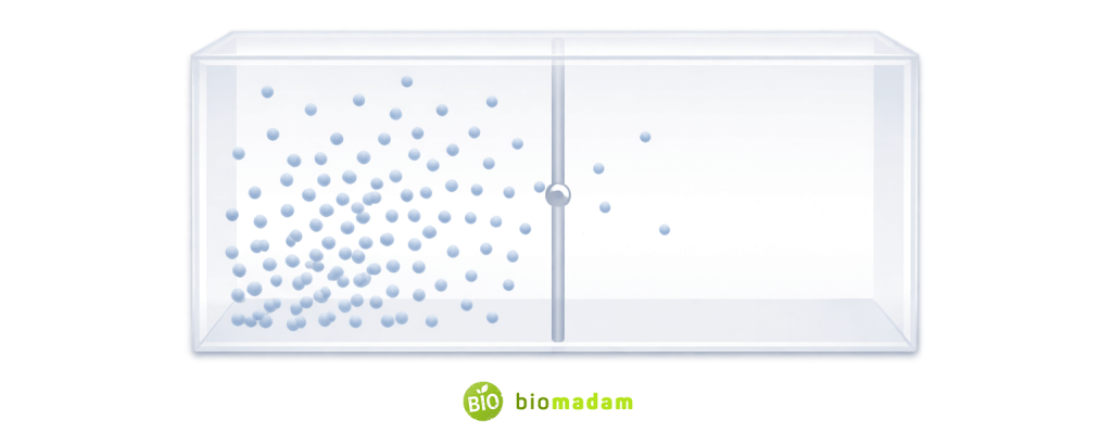 Gas molecules escaping individually through a tiny hole from one chamber into another illustrating effusion