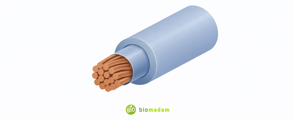 Cross-section of electrical wire showing copper conductor core surrounded by plastic insulating layer