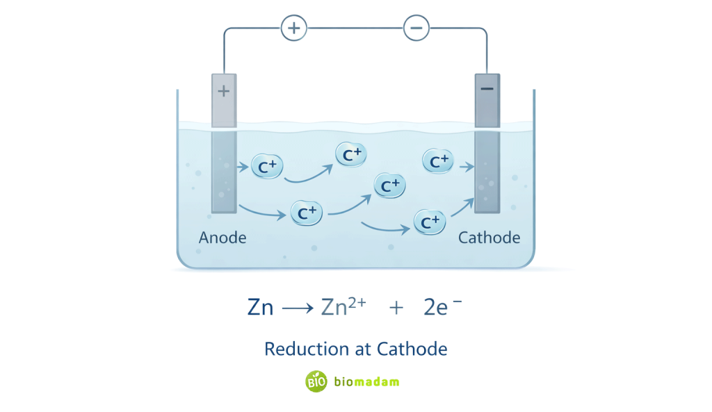 Electrochemical cell diagram showing cations moving toward cathode labeled reduction at cathode