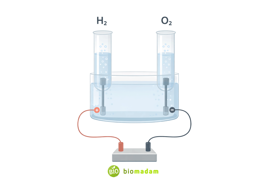 Educational diagram showing electrolysis of water producing hydrogen and oxygen gases in a 2:1 ratio