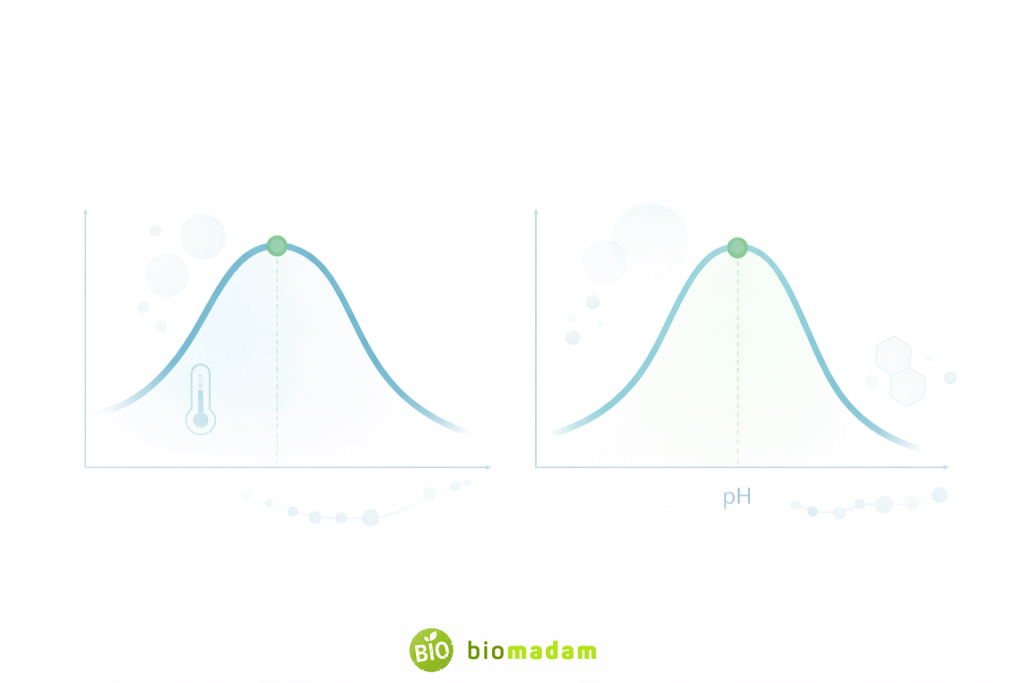Diagram showing effects of temperature and pH on enzyme activity with optimum points illustrated