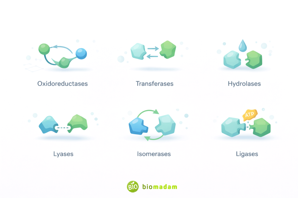 Infographic-style diagram showing six major enzyme classes according to IUBMB classification