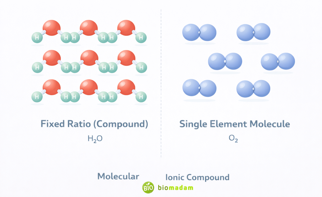 Infographic showing repeated H2O molecules labeled fixed ratio compound and O2 molecules labeled single element molecule