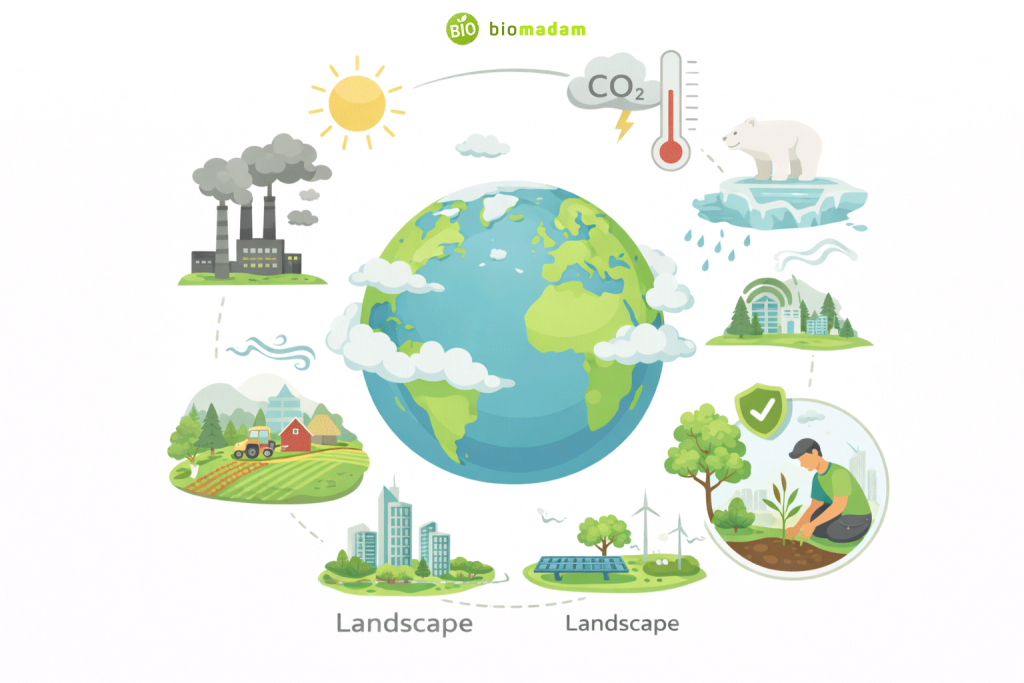 Illustration showing global ecology with human impact, climate change, ecosystems, and sustainability concepts