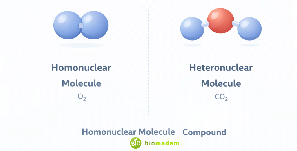 Diagram showing O2 as homonuclear molecule and CO2 as heteronuclear molecule