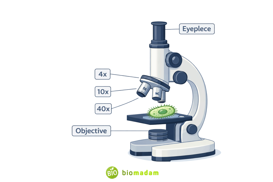 Compound microscope showing eyepiece and objective lenses illustrating magnification concept