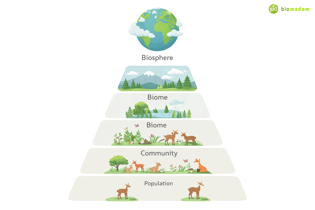 Diagram showing levels of ecological organization from organism to biosphere