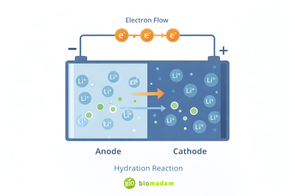 Diagram of lithium-ion battery showing anode, cathode, and electron flow during electrochemical reaction