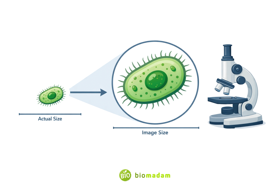 Educational biology illustration showing the concept of magnification, where a small biological cell appears enlarged under a microscope, comparing image size with actual size
