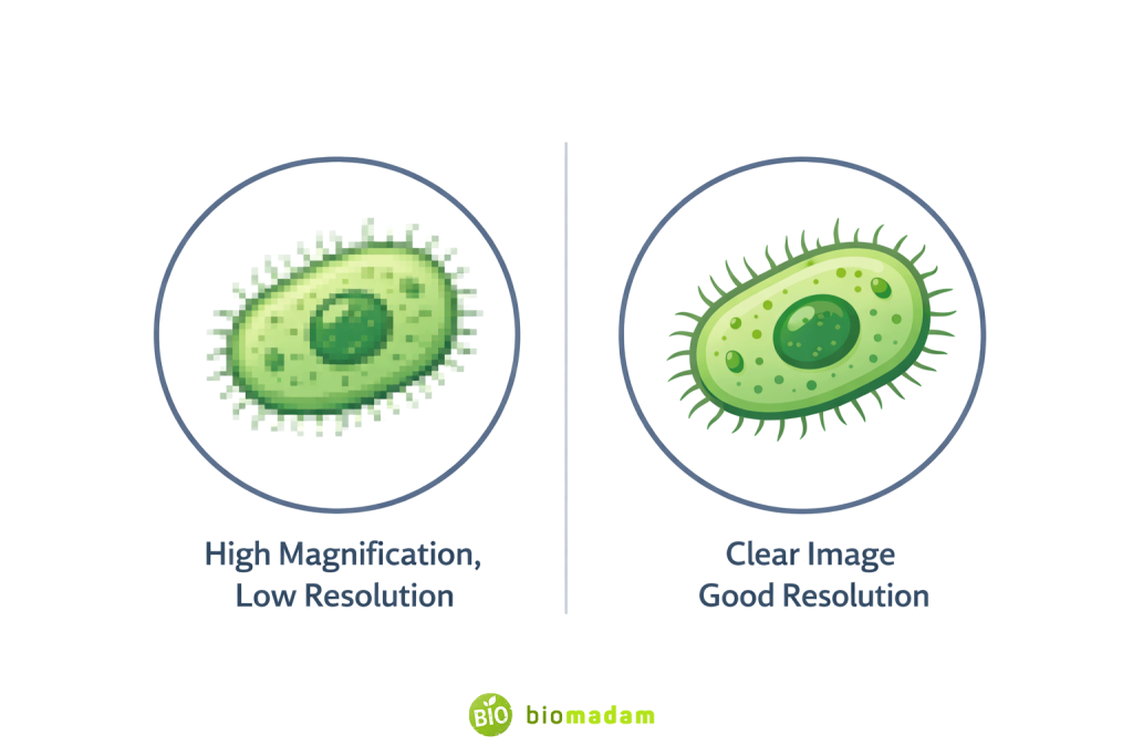 Comparative diagram showing the difference between high magnification with low resolution and clear images with good resolution