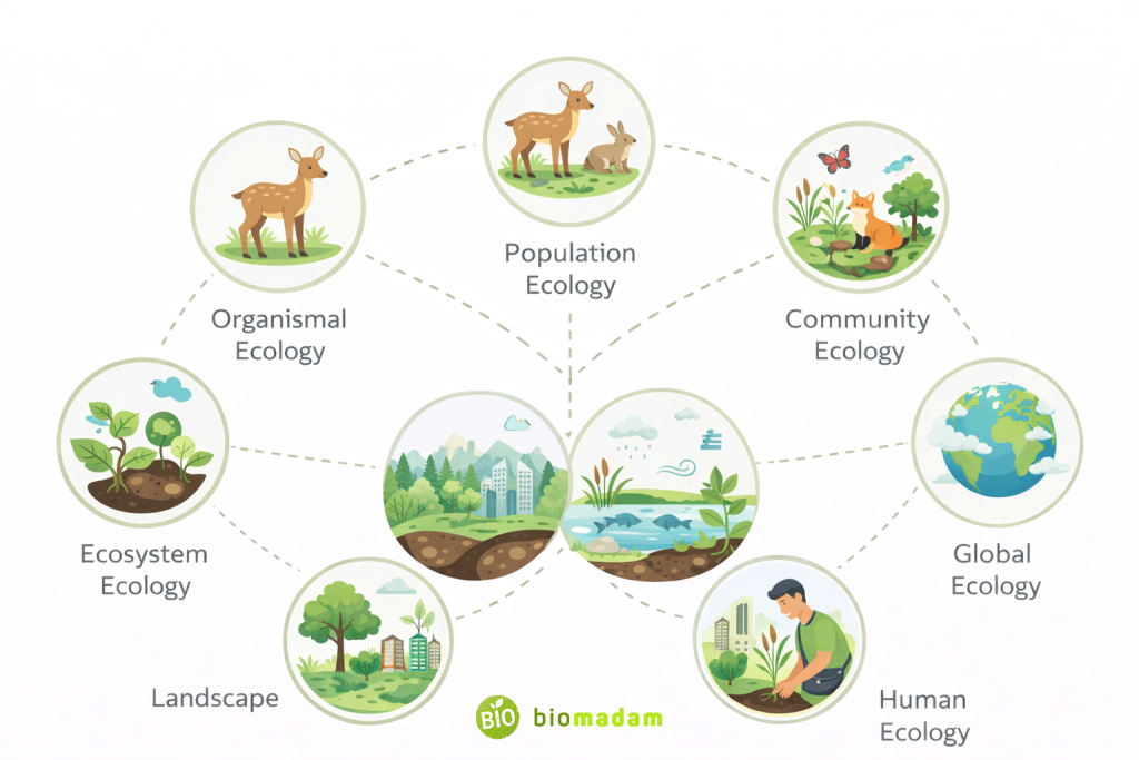 Infographic illustrating major types of ecology including organismal, population, community, ecosystem, landscape, global, and human ecology