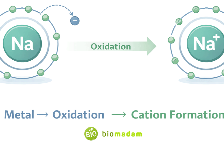 Neutral sodium atom losing one electron to form Na⁺ during oxidation, illustrating cation formation