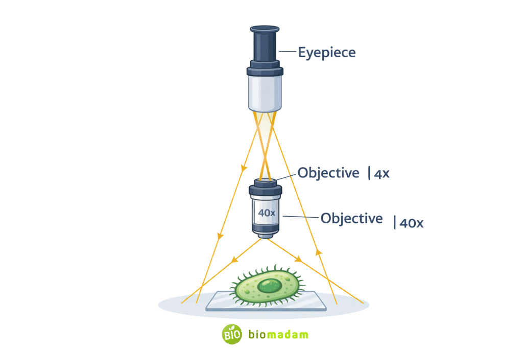 Diagram showing how eyepiece and objective lenses combine to produce total microscope magnification