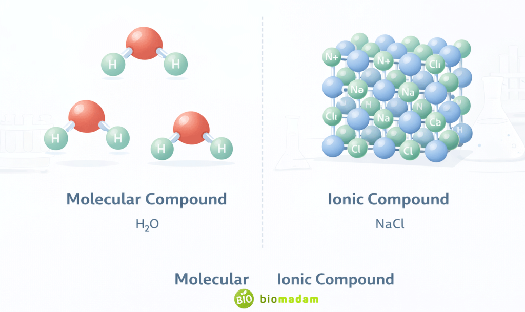 Side-by-side diagram showing discrete H2O molecules and NaCl crystal lattice structure