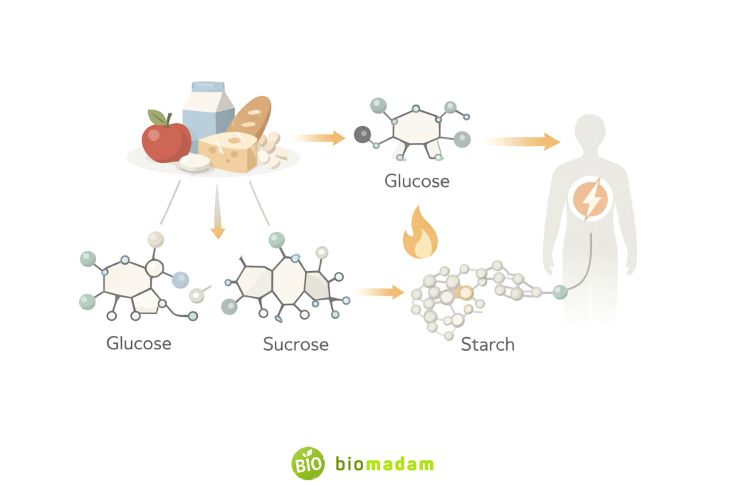 Diagram showing carbohydrates like glucose, sucrose, and starch as energy sources in food