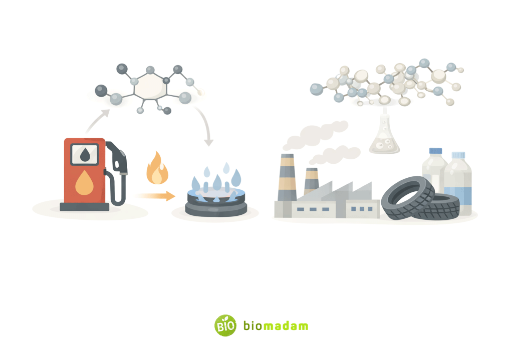 Comparative illustration showing hydrocarbons as fuels and organic compounds in industrial materials like plastics and rubber