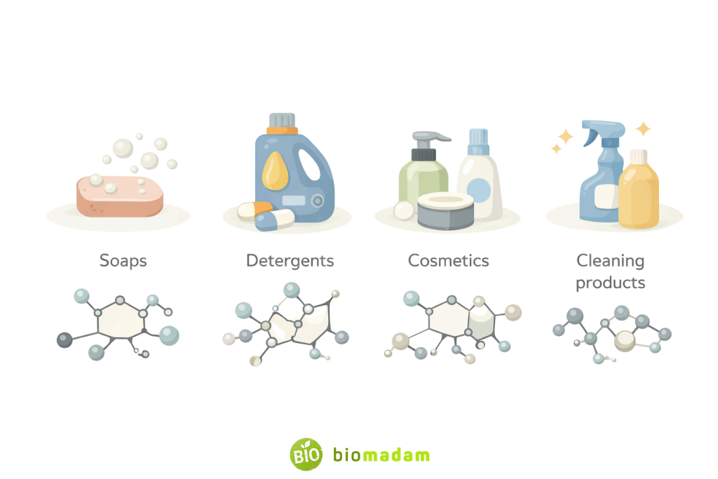 Illustration showing household uses of organic compounds in soaps, detergents, and cosmetics