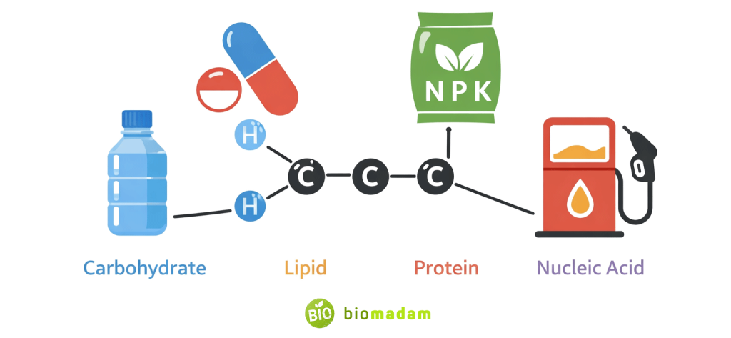 Illustration showing organic compounds used in plastics, medicine, agriculture, and manufacturing