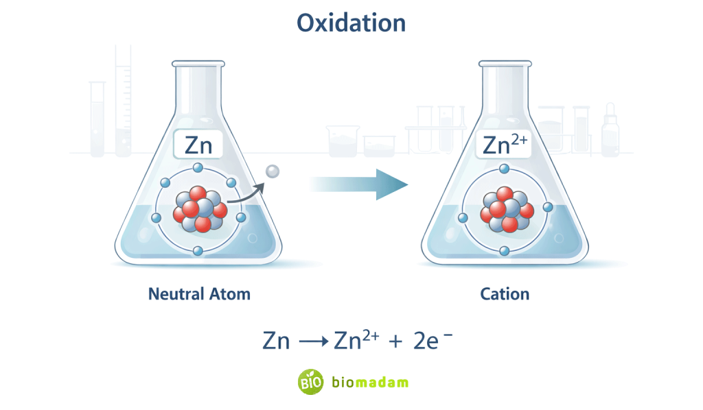 Chemistry diagram showing Zn losing two electrons to form Zn²⁺ labeled oxidation