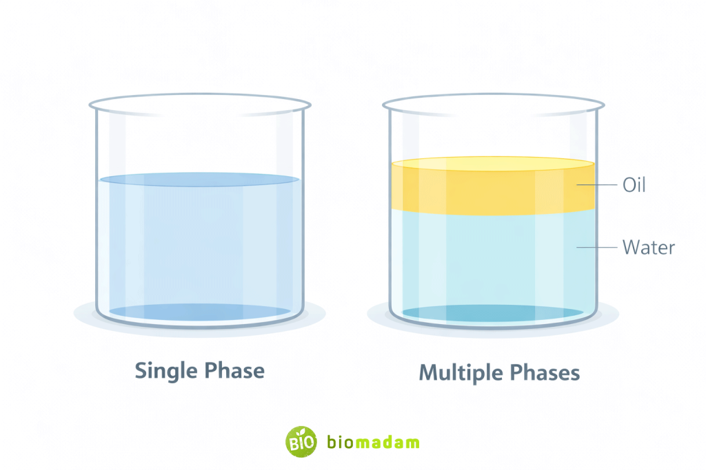 Illustration showing single phase uniform liquid and multiple phase oil and water layers in beakers