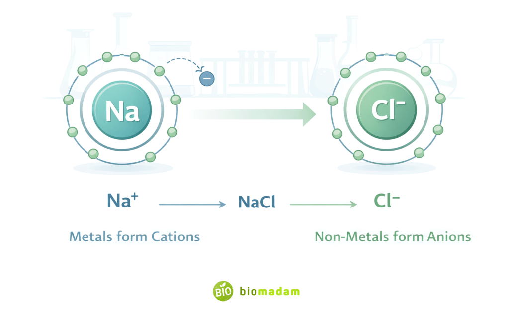 Diagram showing sodium losing electron and chlorine gaining electron to form NaCl ionic bond with Na⁺ and Cl⁻