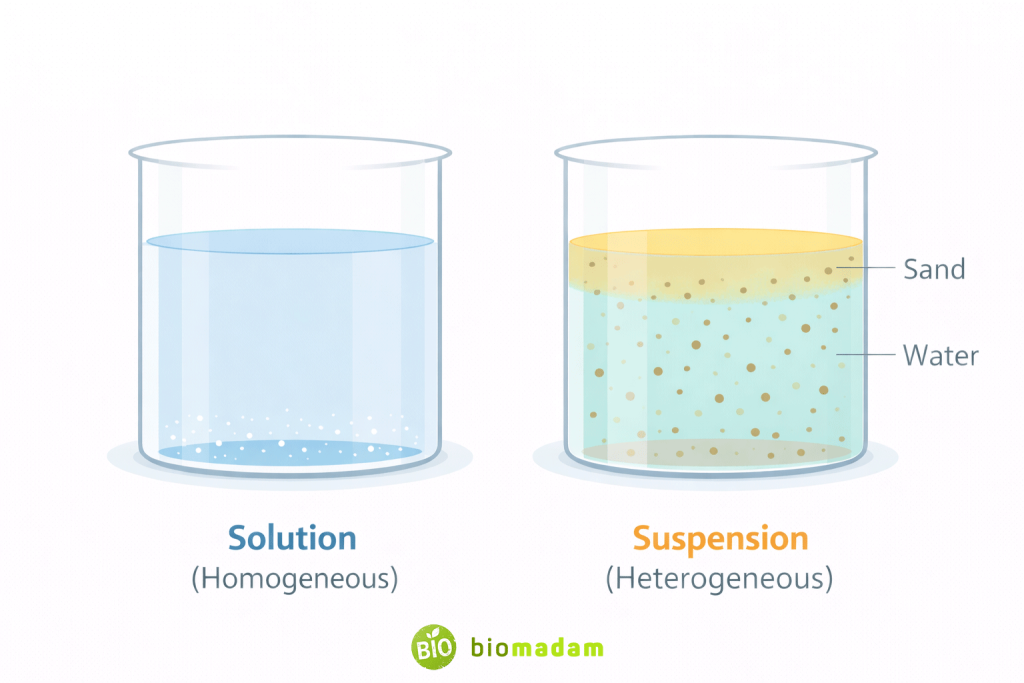 Side-by-side beakers showing clear saltwater solution and cloudy sand suspension